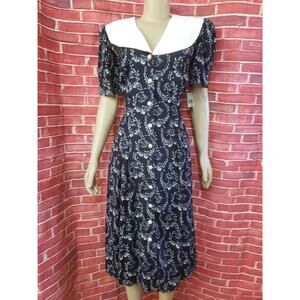 Vtg 90s Caroline Wells Dress Navy White Size 14 Cottagecore 100% Rayon NEW #W2